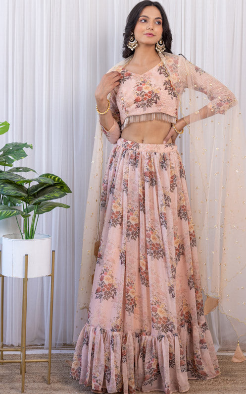 Esha Kansara Sepia Floral Printed Georgette Lehenga