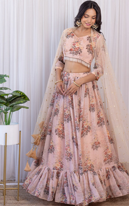 Esha Kansara Sepia Floral Printed Georgette Lehenga
