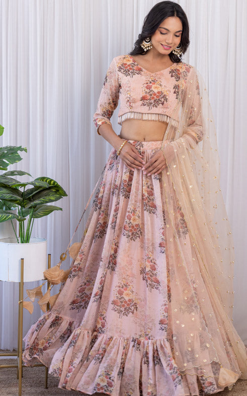 Esha Kansara Sepia Floral Printed Georgette Lehenga