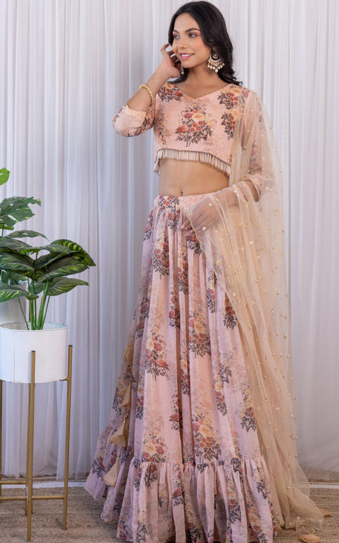 Esha Kansara Sepia Floral Printed Georgette Lehenga