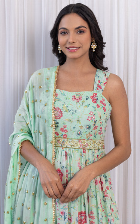 Sage Green Handwork Printed Georgette Anarkali with Embellished Belt