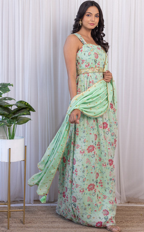 Sage Green Handwork Printed Georgette Anarkali with Embellished Belt