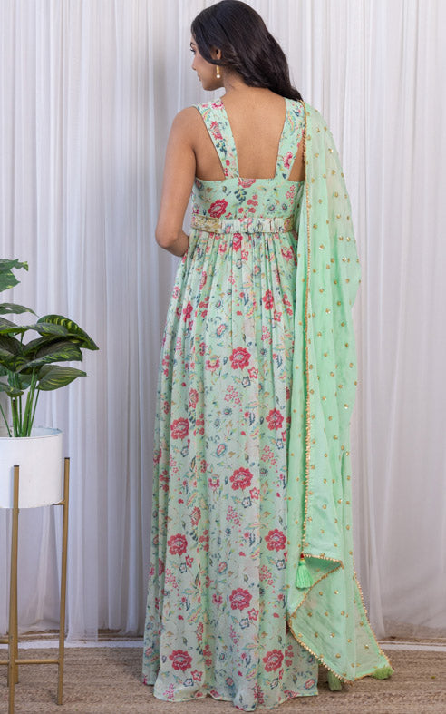 Sage Green Handwork Printed Georgette Anarkali with Embellished Belt