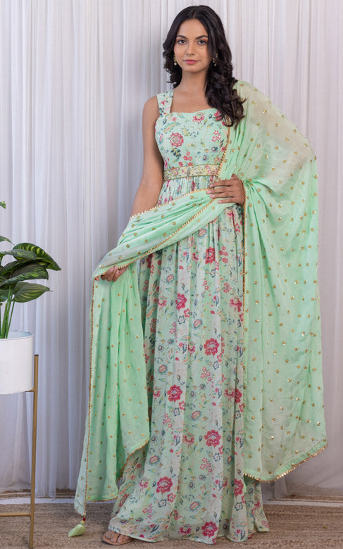Sage Green Handwork Printed Georgette Anarkali with Embellished Belt