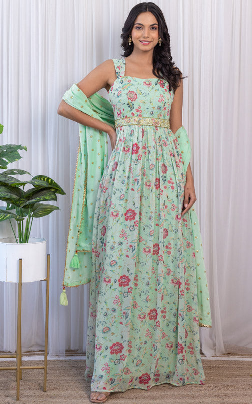 Sage Green Handwork Printed Georgette Anarkali with Embellished Belt