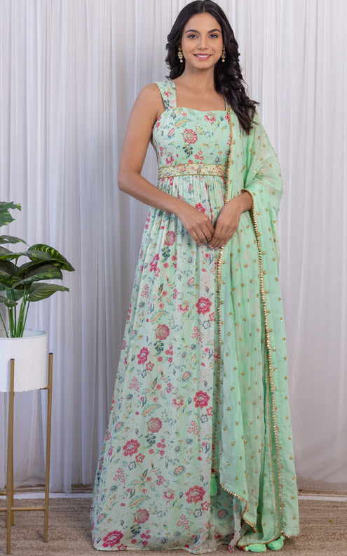 Sage Green Handwork Printed Georgette Anarkali with Embellished Belt