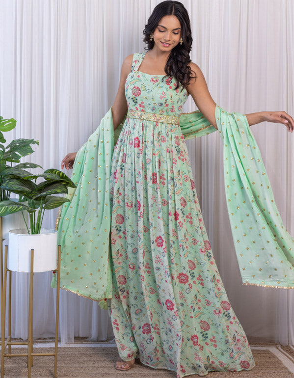 Sage Green Handwork Printed Georgette Anarkali with Embellished Belt