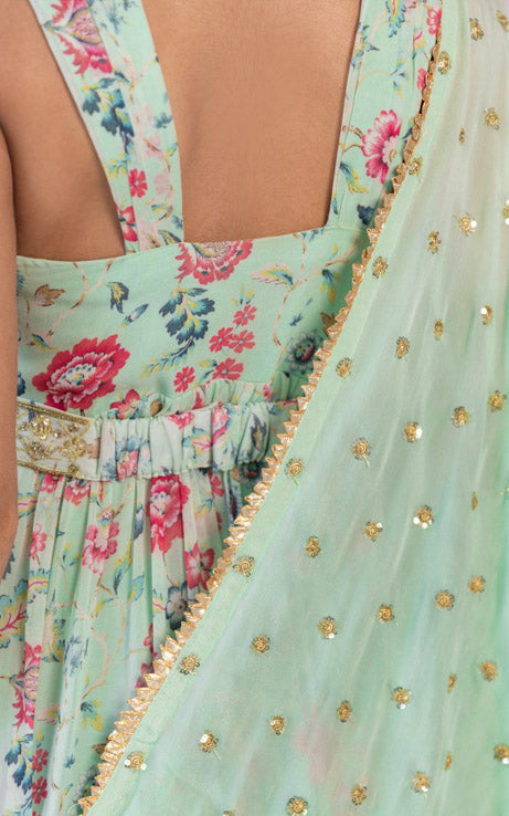 Sage Green Handwork Printed Georgette Anarkali with Embellished Belt