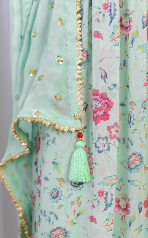 Sage Green Handwork Printed Georgette Anarkali with Embellished Belt