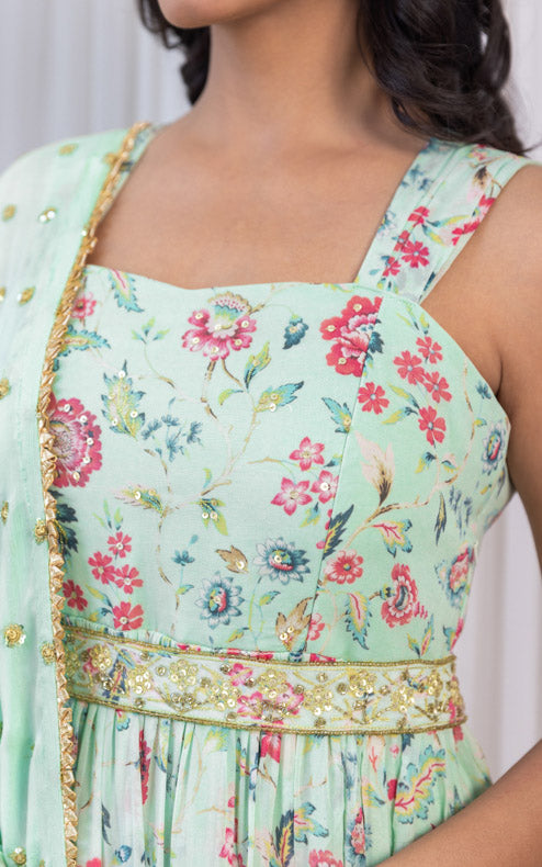 Sage Green Handwork Printed Georgette Anarkali with Embellished Belt