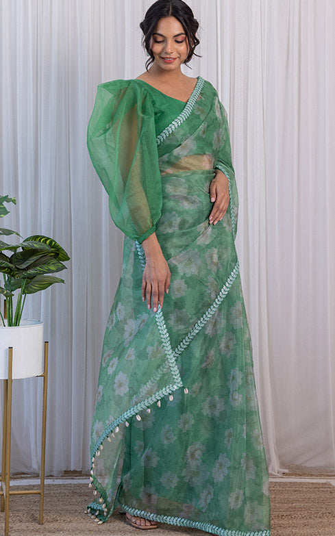 Bhavna Forest Green Floral Organza Saree