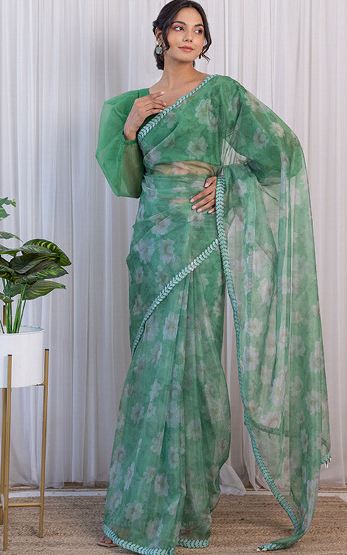 Bhavna Forest Green Floral Organza Saree