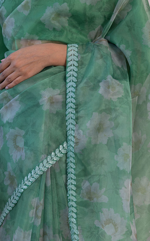 Bhavna Forest Green Floral Organza Saree