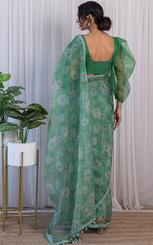 Bhavna Forest Green Floral Organza Saree
