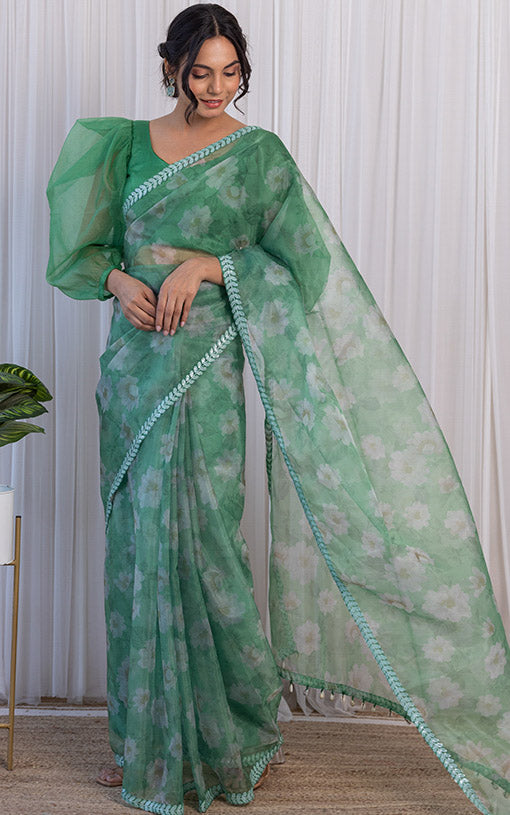 Bhavna Forest Green Floral Organza Saree