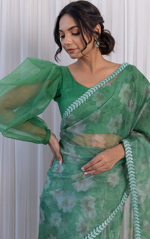Bhavna Forest Green Floral Organza Saree