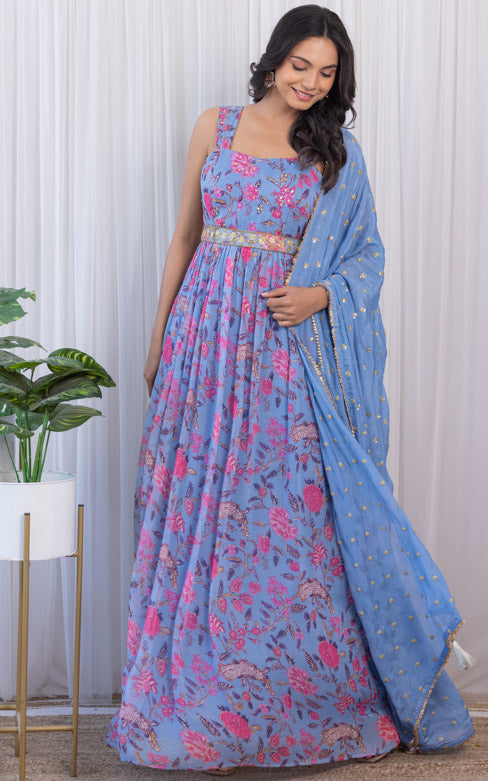 Palak Tiwari Grey Handwork Printed Georgette Anarkali with Embellished Belt