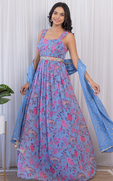 Palak Tiwari Grey Handwork Printed Georgette Anarkali with Embellished Belt