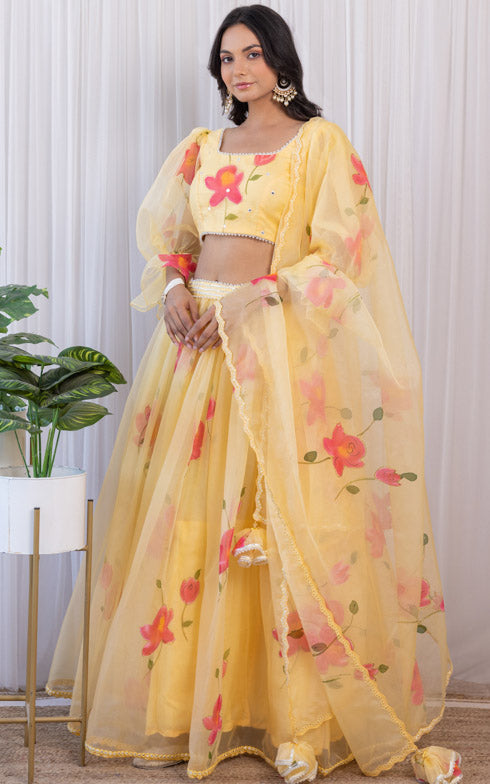 Yellow Handpainted Mirrorwork Organza Lehenga