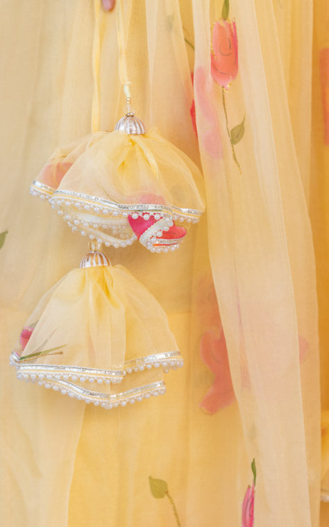 Yellow Handpainted Mirrorwork Organza Lehenga