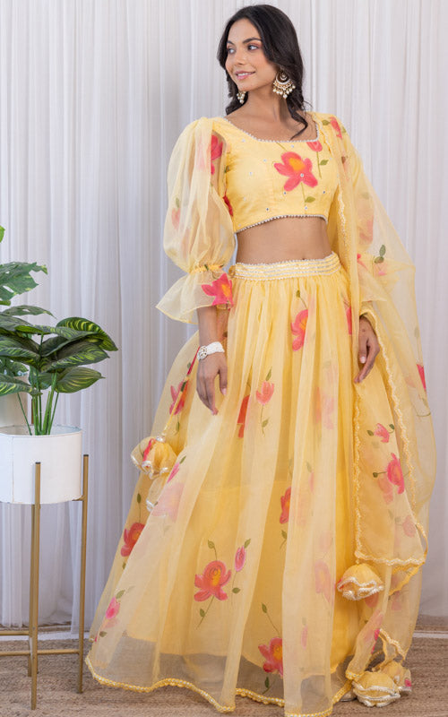 Yellow Handpainted Mirrorwork Organza Lehenga