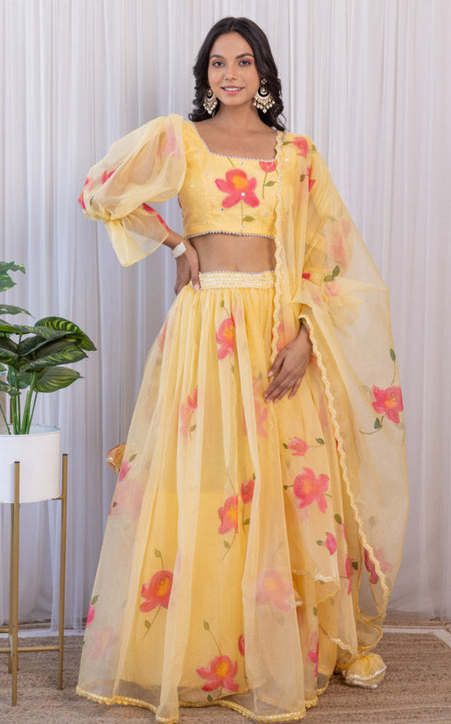 Yellow Handpainted Mirrorwork Organza Lehenga