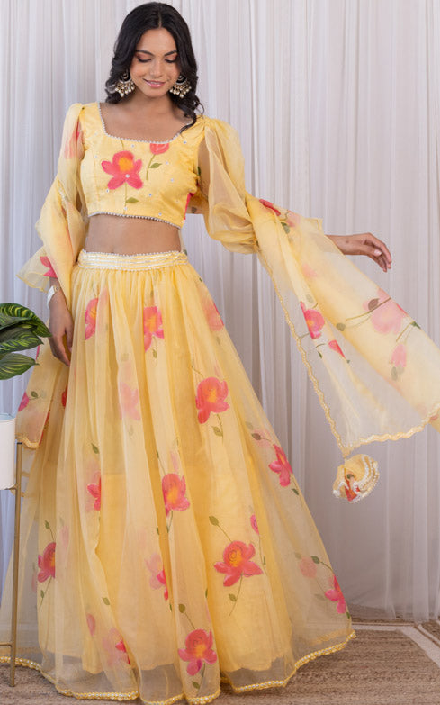Yellow Handpainted Mirrorwork Organza Lehenga