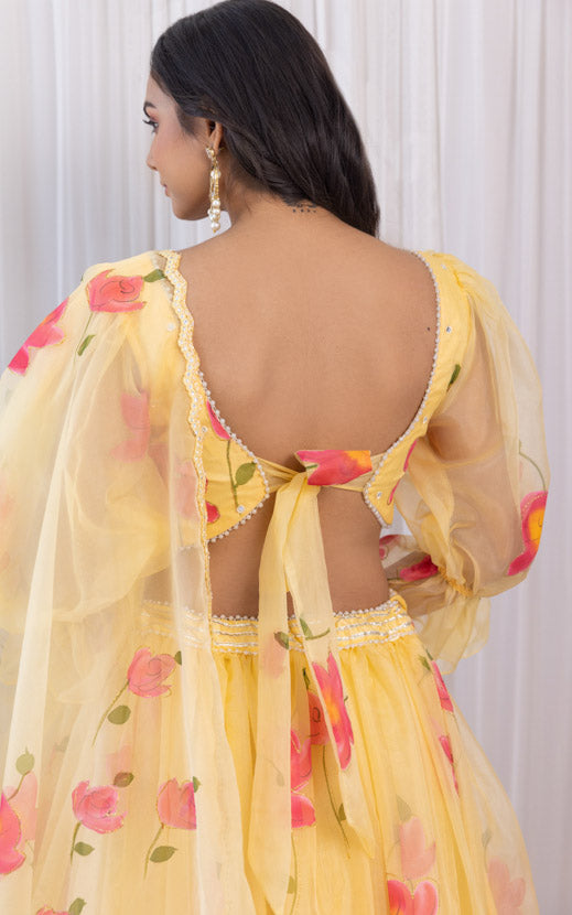 Yellow Handpainted Mirrorwork Organza Lehenga