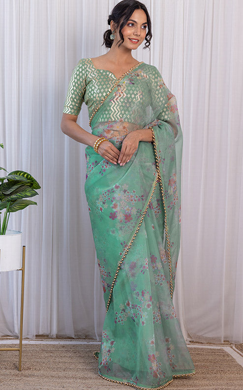 Shafaq Naaz Sage Green Floral Organza Saree
