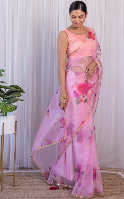 Blush Pink Floral Organza Saree
