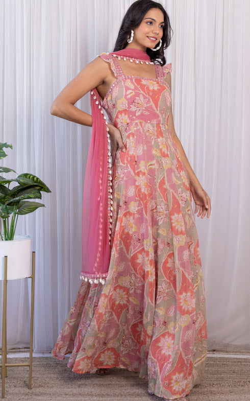 ShivShakti Vintage Floral Printed Georgette Mirrorwork Anarkali