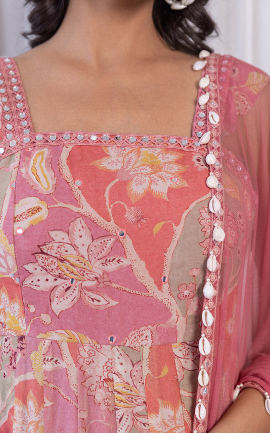 ShivShakti Vintage Floral Printed Georgette Mirrorwork Anarkali