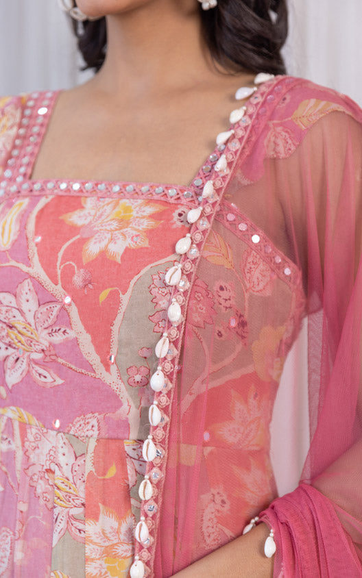 ShivShakti Vintage Floral Printed Georgette Mirrorwork Anarkali