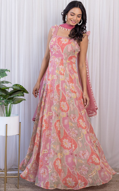 ShivShakti Vintage Floral Printed Georgette Mirrorwork Anarkali