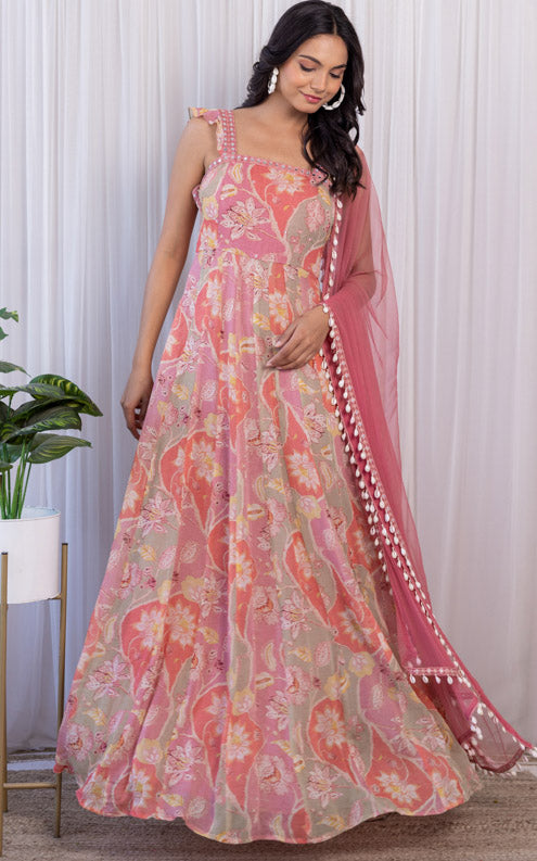 ShivShakti Vintage Floral Printed Georgette Mirrorwork Anarkali