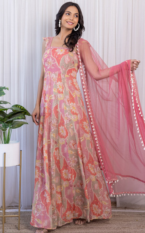 ShivShakti Vintage Floral Printed Georgette Mirrorwork Anarkali