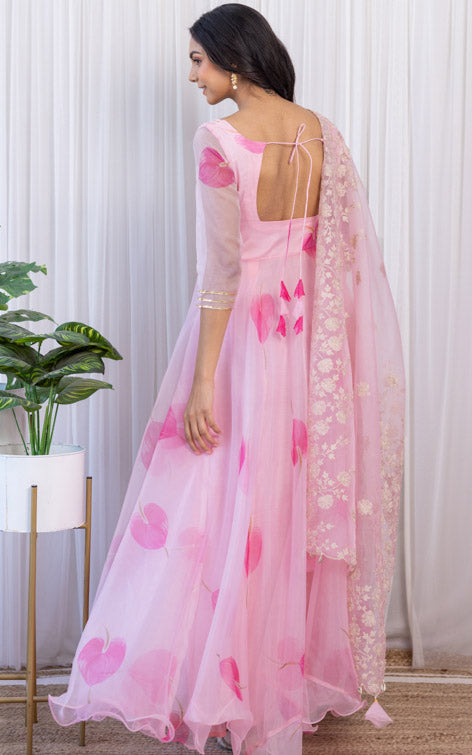 Helly Shah Pink Petal Organza Anarkali With Dori Work Organza Dupatta