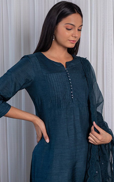 Swati Rathi Teal Blue Kurta Set with Mukaish-work Organza Dupatta
