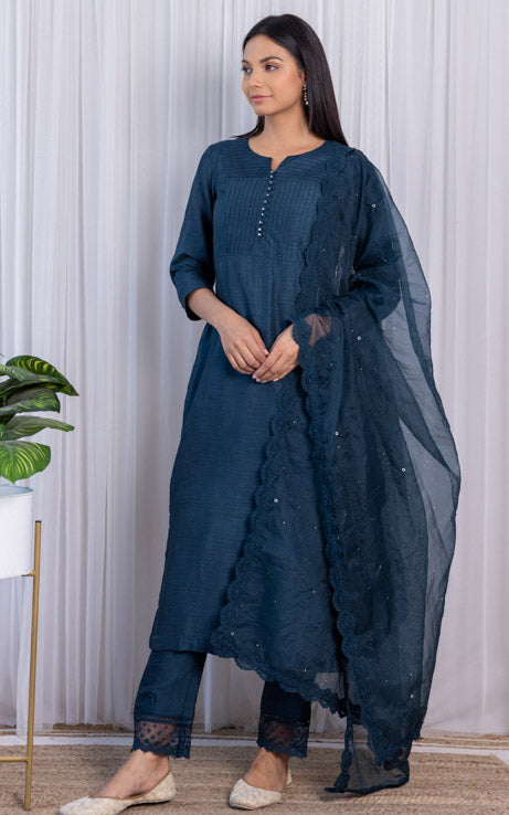Swati Rathi Teal Blue Kurta Set with Mukaish-work Organza Dupatta