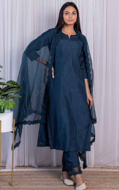 Swati Rathi Teal Blue Kurta Set with Mukaish-work Organza Dupatta