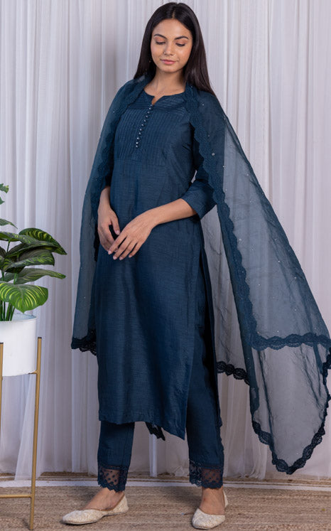 Swati Rathi Teal Blue Kurta Set with Mukaish-work Organza Dupatta