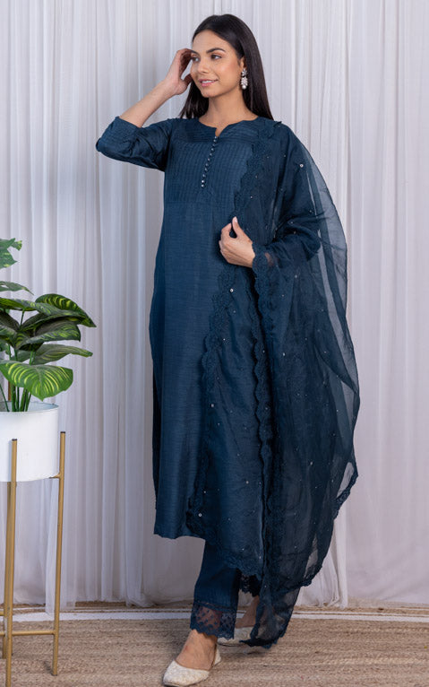 Swati Rathi Teal Blue Kurta Set with Mukaish-work Organza Dupatta