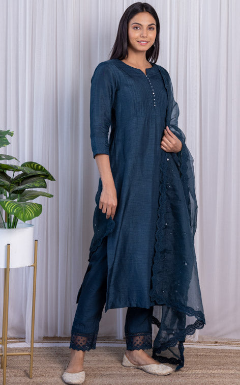 Swati Rathi Teal Blue Kurta Set with Mukaish-work Organza Dupatta