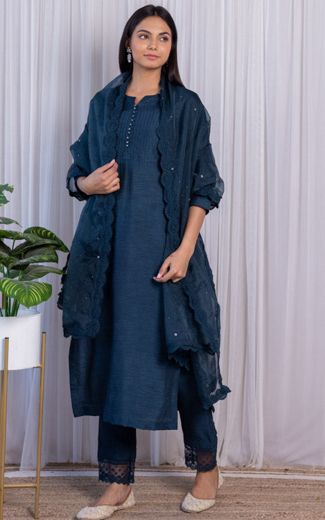 Swati Rathi Teal Blue Kurta Set with Mukaish-work Organza Dupatta
