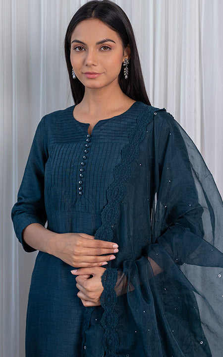 Swati Rathi Teal Blue Kurta Set with Mukaish-work Organza Dupatta