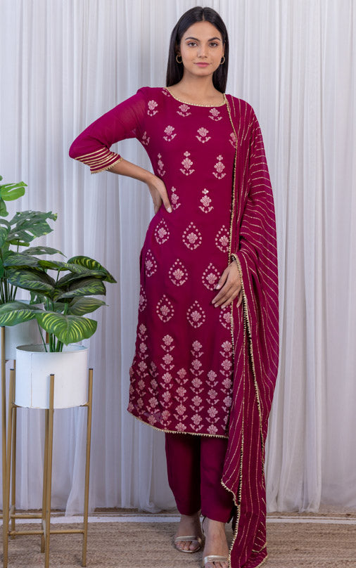 Wine Gota Foil Kurta Set with Mukaish Dupatta