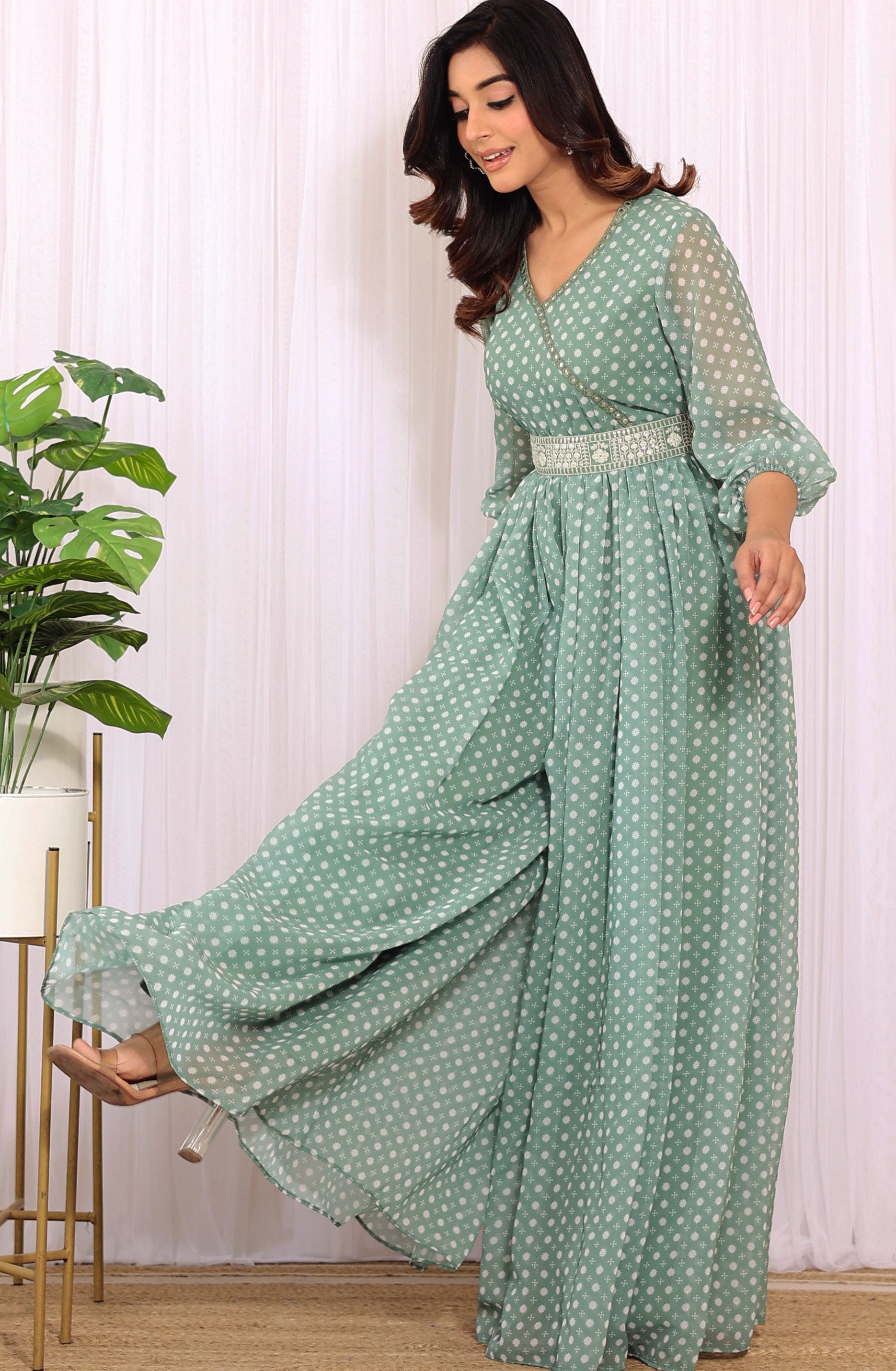 Sage Green Mirrorwork Printed Georgette Jumpsuit