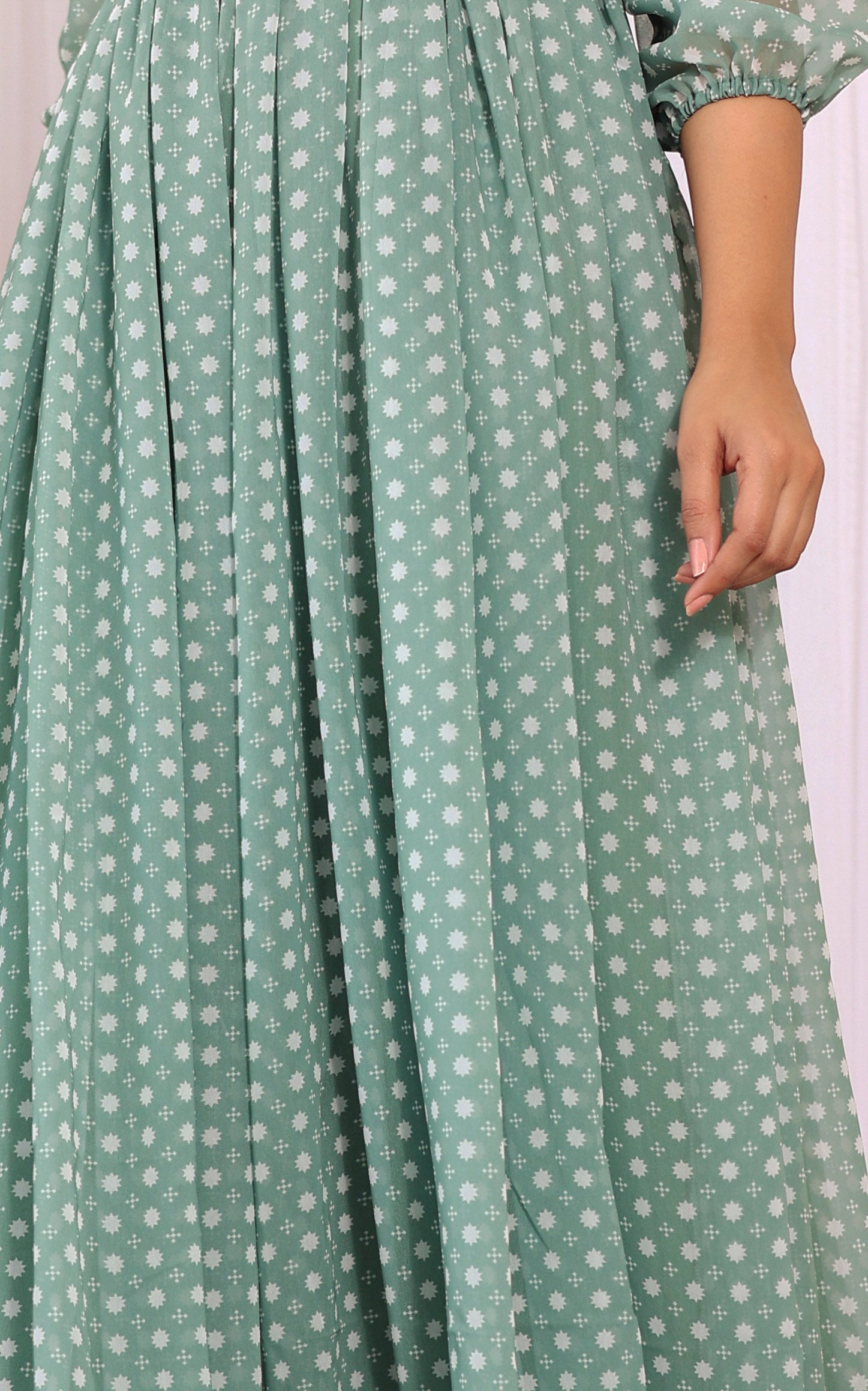 Sage Green Mirrorwork Printed Georgette Jumpsuit