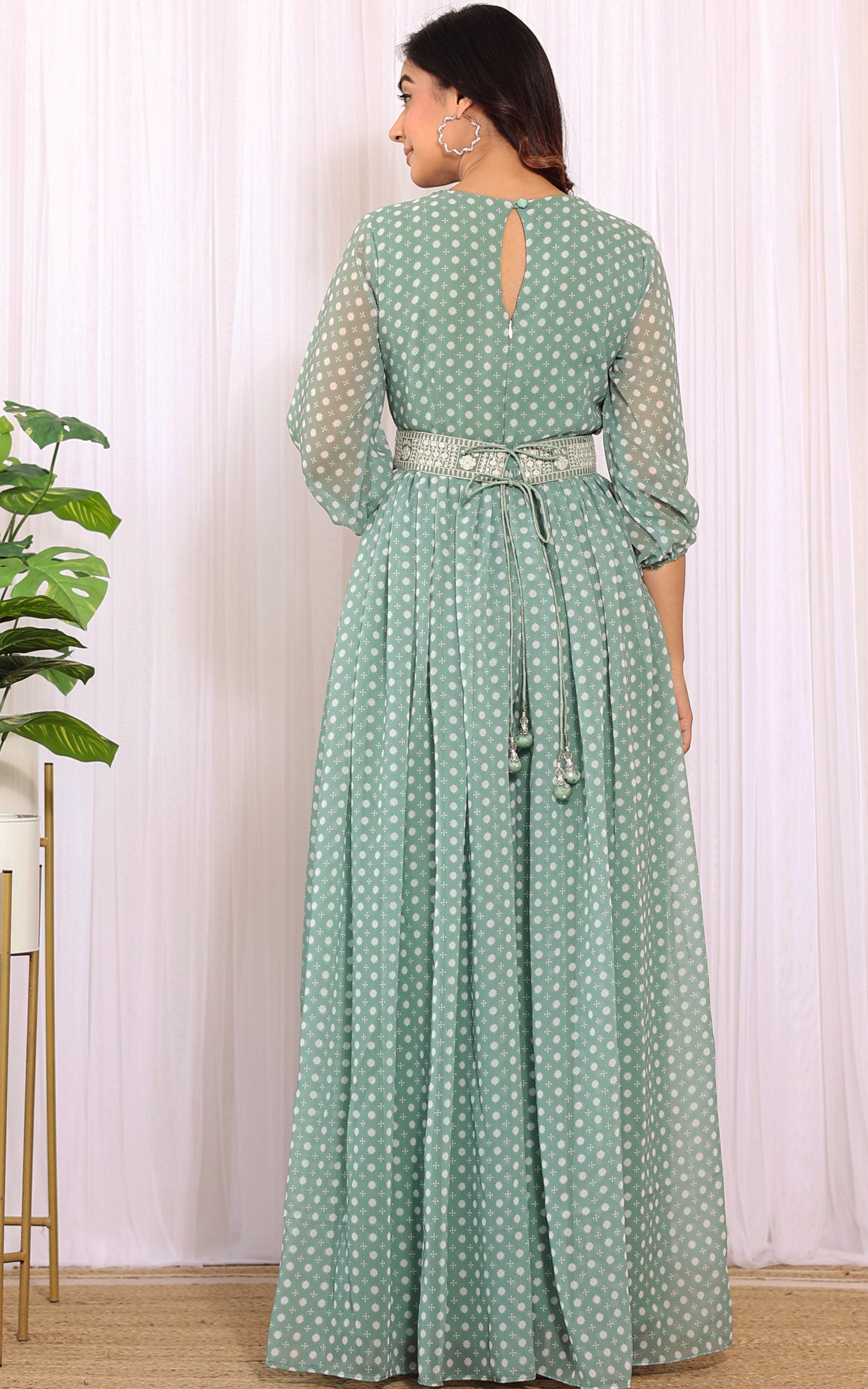 Sage Green Mirrorwork Printed Georgette Jumpsuit