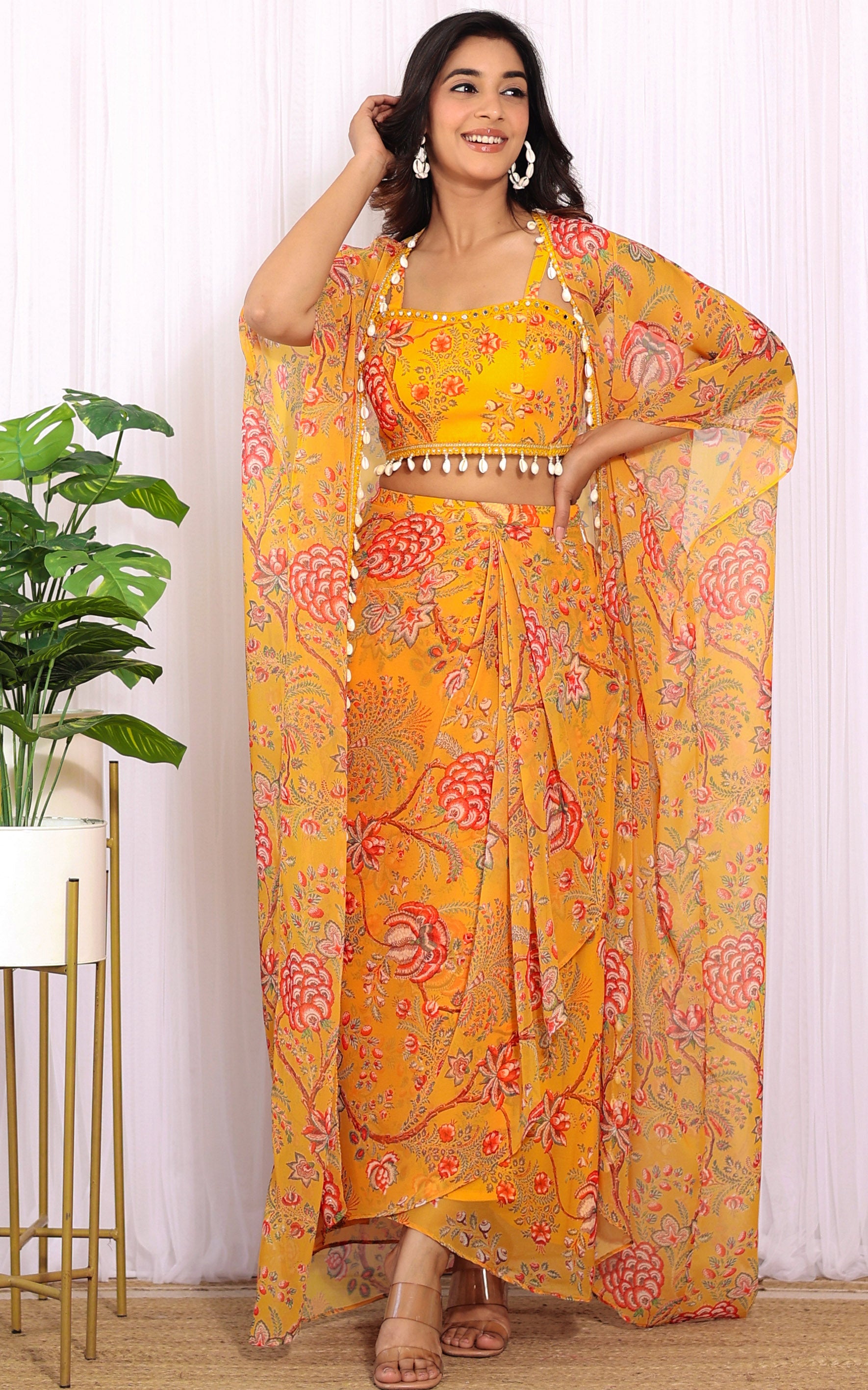 Niharika Mustard Floral Printed Georgette Crop Top & Draped Skirt Co-ord Set